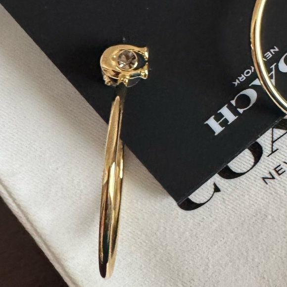 COACH GOLD BRASS CRYSTAL LOGO HOOP EARRINGS MEDIUM LARGE - Picture 7 of 7